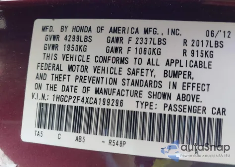 2012 Honda Accord 2.4 Lx-P from USA, damaged, VIN 1HGCP2F4XCA199296